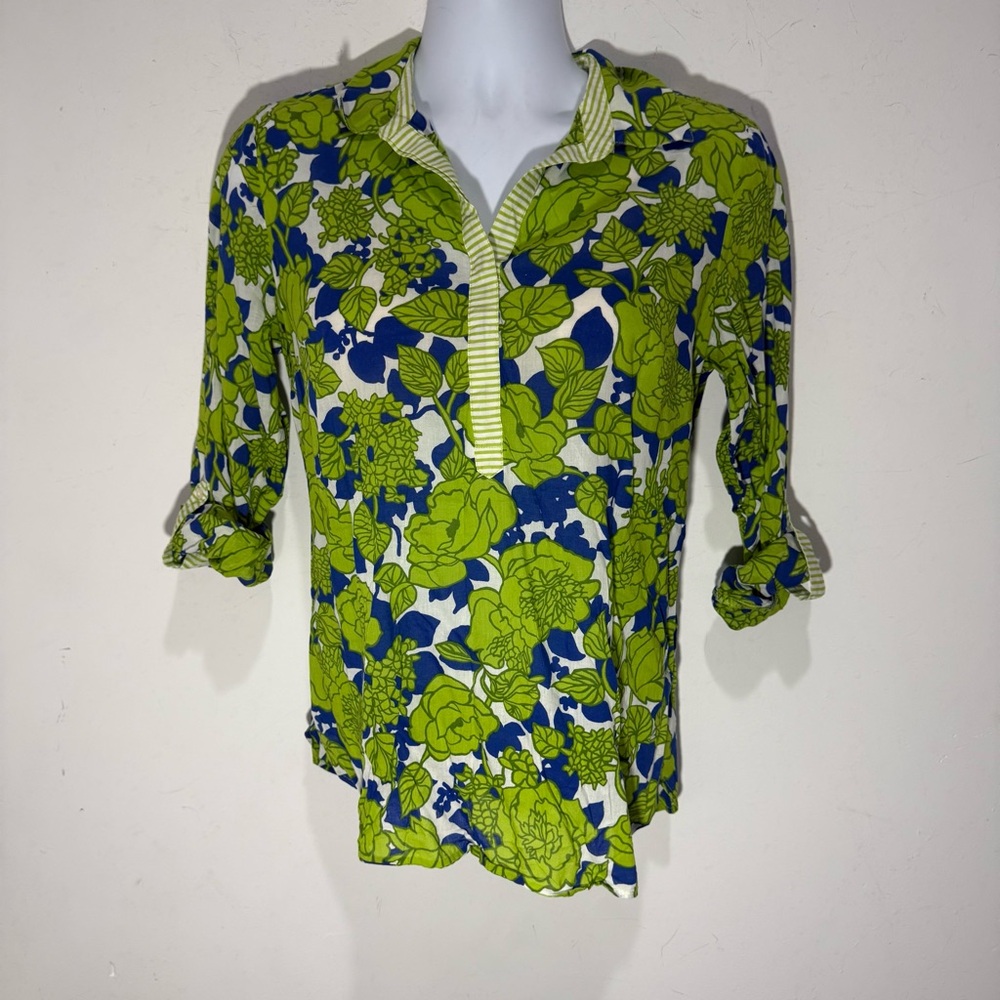 Talbots Floral Print Henley Tunic Top Blouse Size L Green Blue & White Light Wgt - Picture 7 of 11